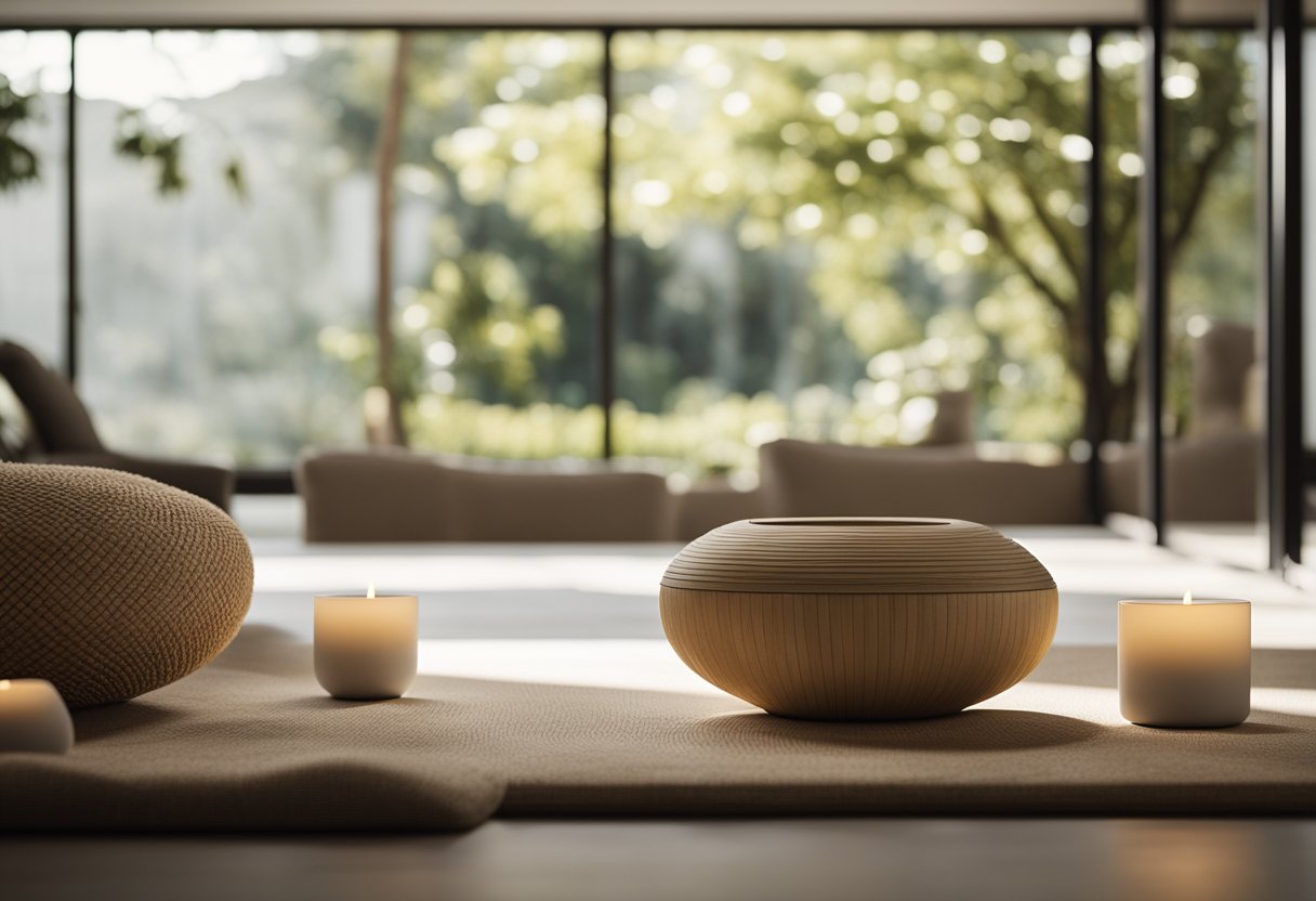 A serene zen interior with minimalist decor, natural materials, and soft lighting. Clean lines and neutral colors create a sense of tranquility