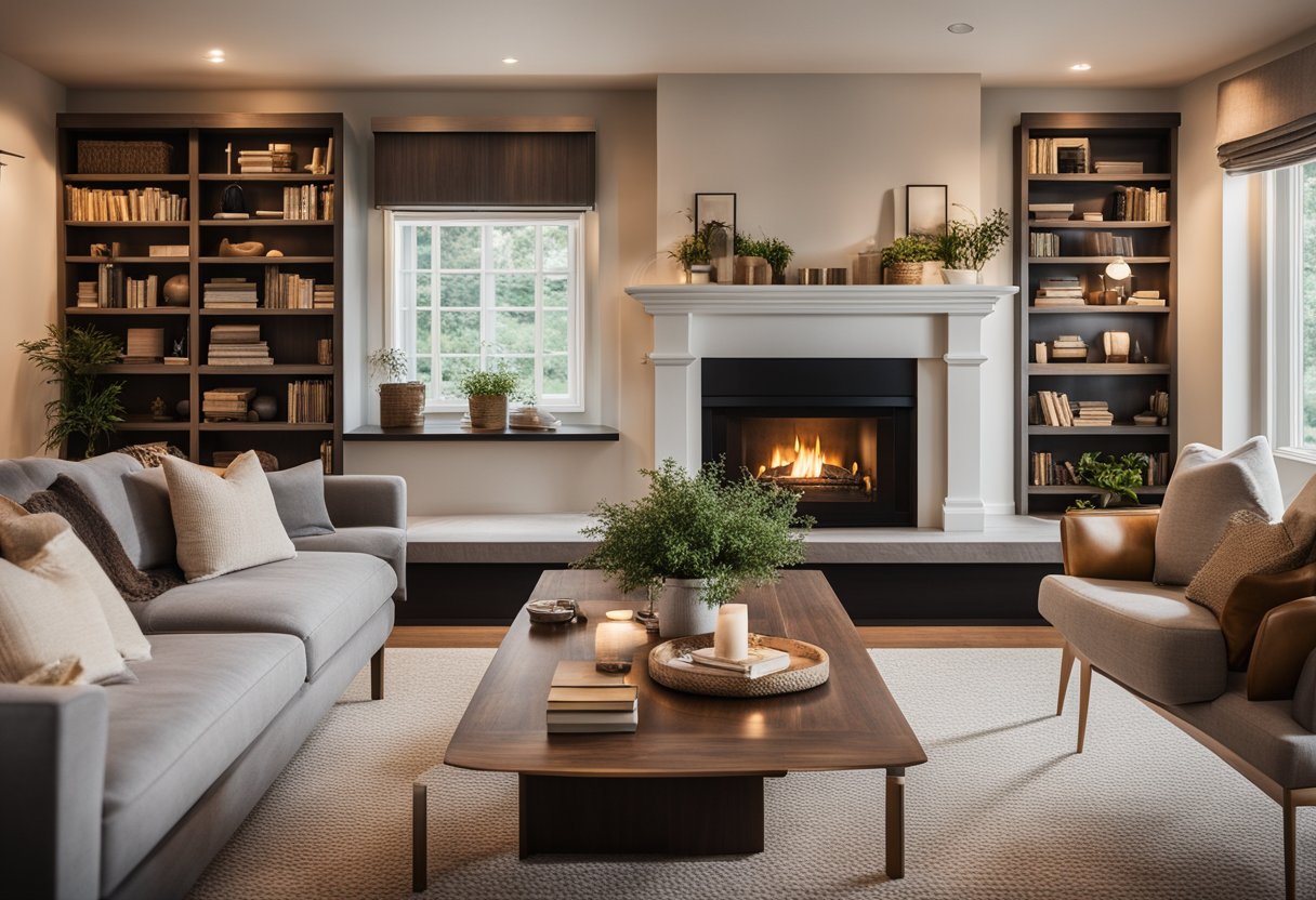 A cozy living room with a fireplace, bookshelves, and comfortable seating. Warm lighting and soft textures create a welcoming atmosphere