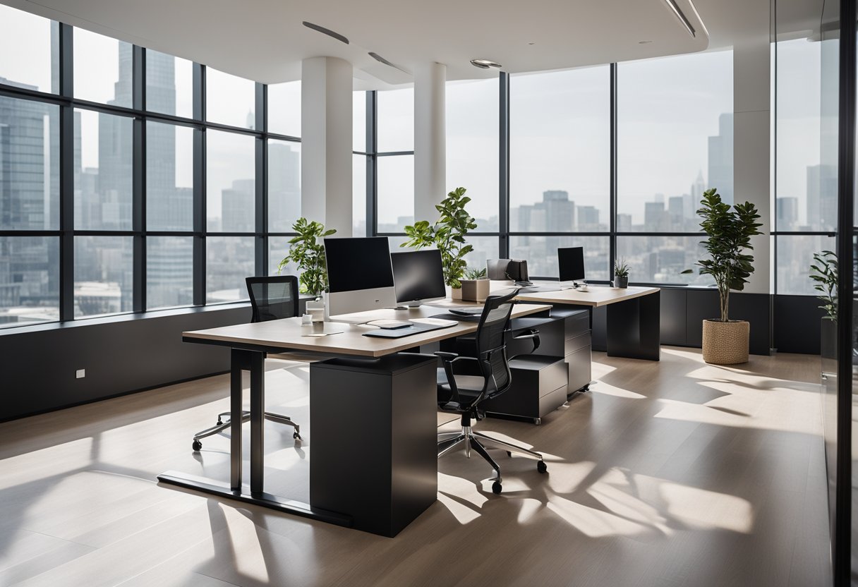 A sleek, modern office space with clean lines and minimalist furniture. A large window allows natural light to flood the room, highlighting the elegant design