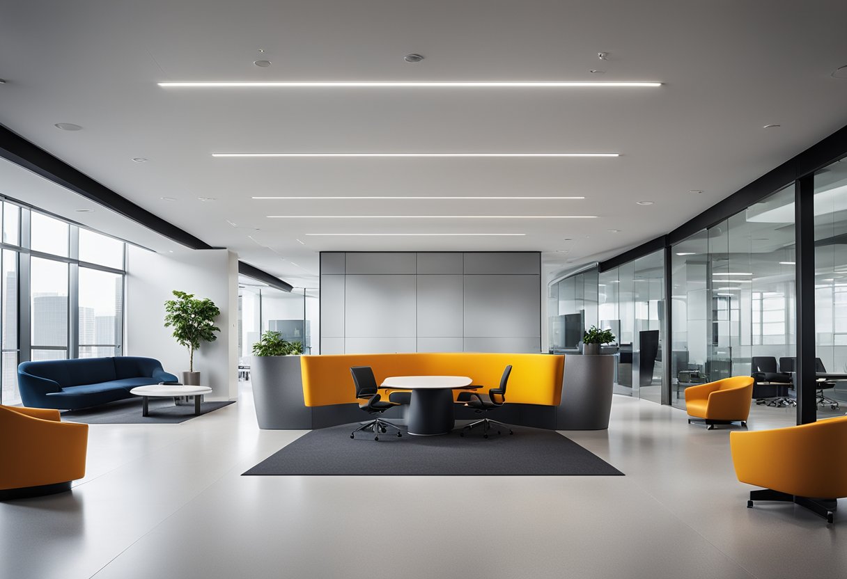 A sleek, modern office space with clean lines, minimalist furniture, and pops of vibrant color. A reception area with a polished desk and comfortable seating. Conference rooms with state-of-the-art technology and stylish decor