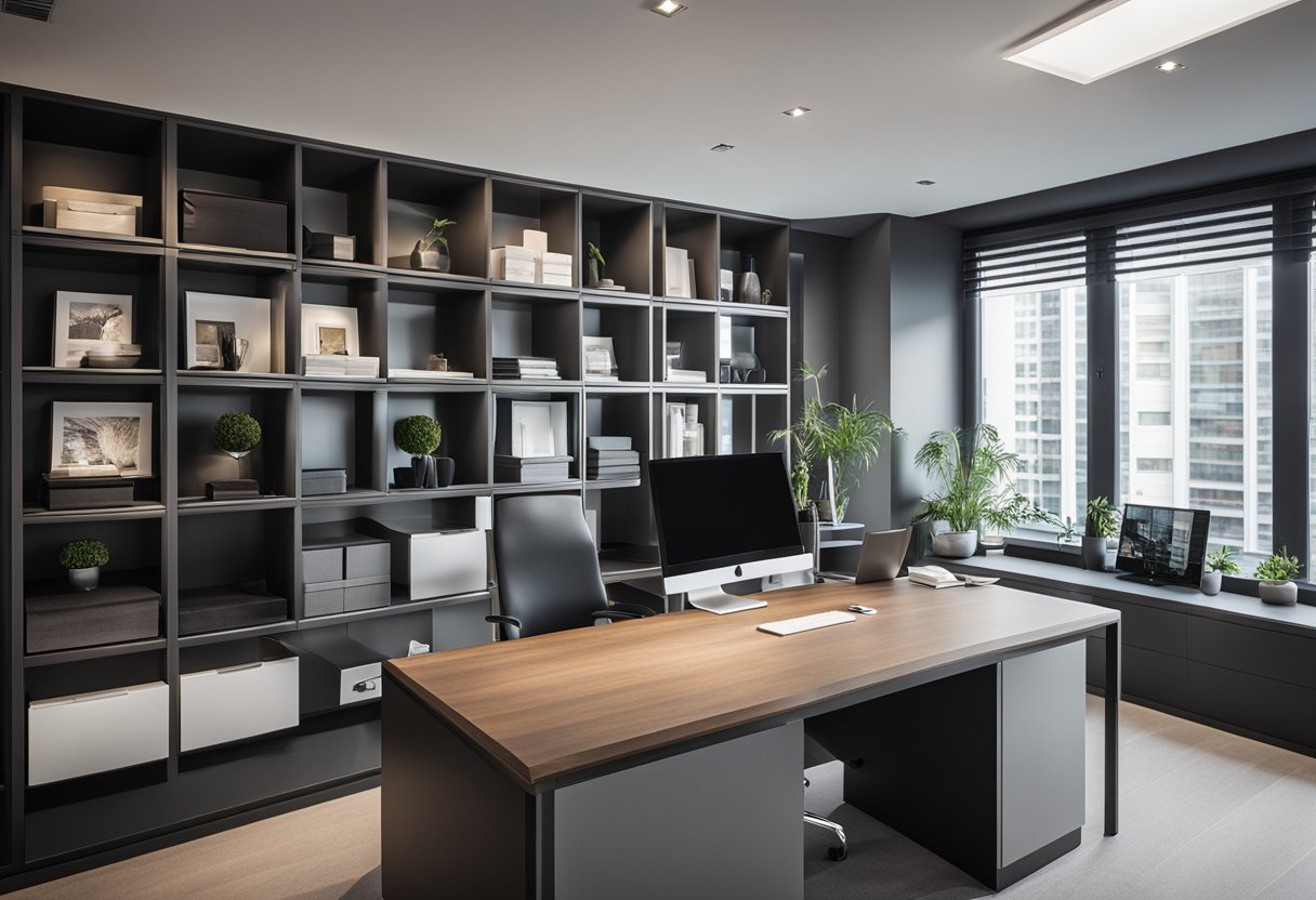 A modern office with a sleek desk, shelves displaying design samples, and a computer showing the FAQ page of Klaas Interior Design website