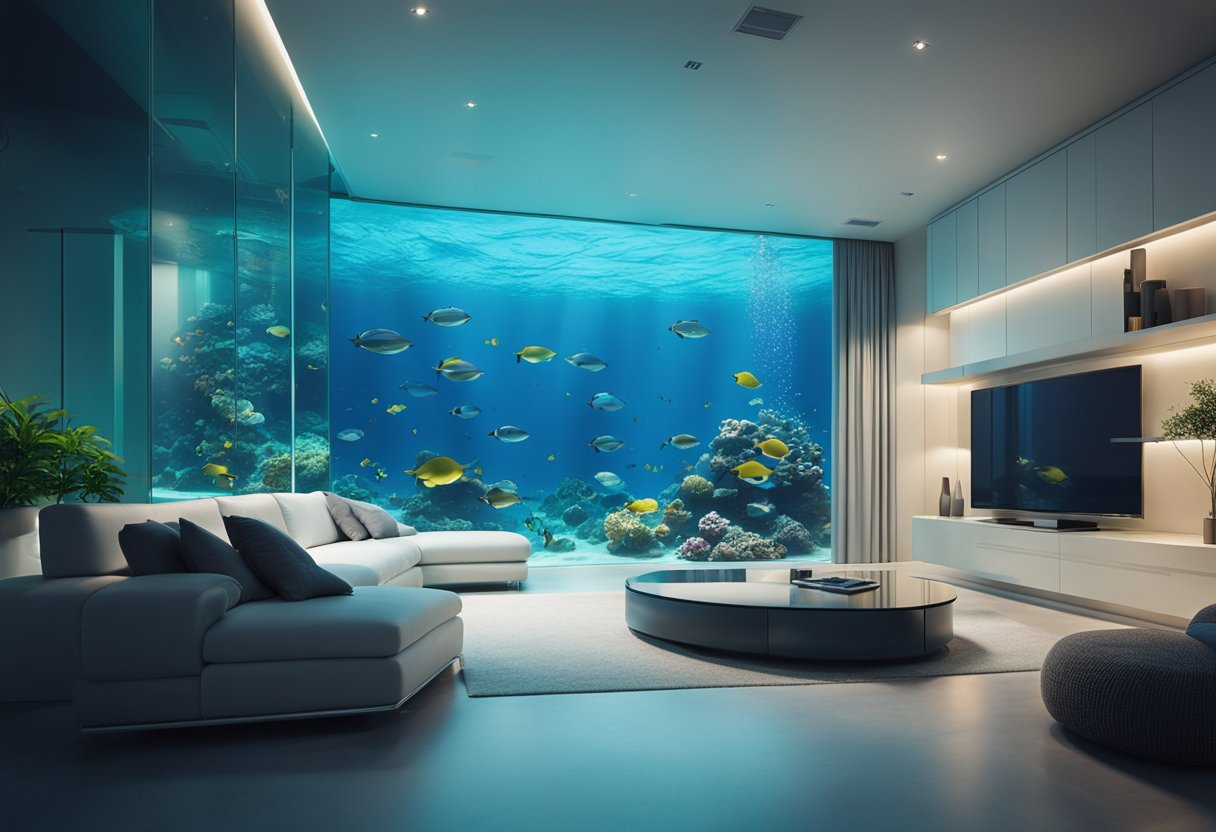 A modern, underwater living space with sleek, curved furniture and vibrant aquatic colors. Light filters through large, glass walls, illuminating the tranquil, underwater environment