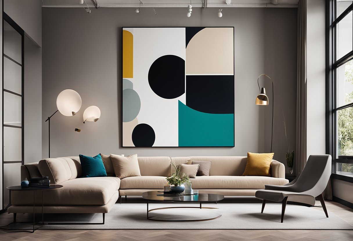 The interior design style is modern and minimalist, with clean lines, neutral colors, and sleek furniture. A large abstract art piece hangs on the wall, adding a pop of color and interest to the space