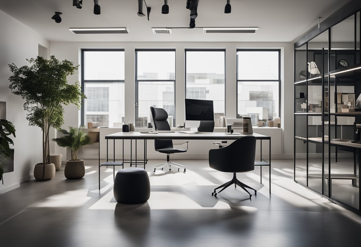 A sleek, modern office space with clean lines, minimalist furniture, and pops of color. A large mood board on the wall displays various design concepts and inspiration