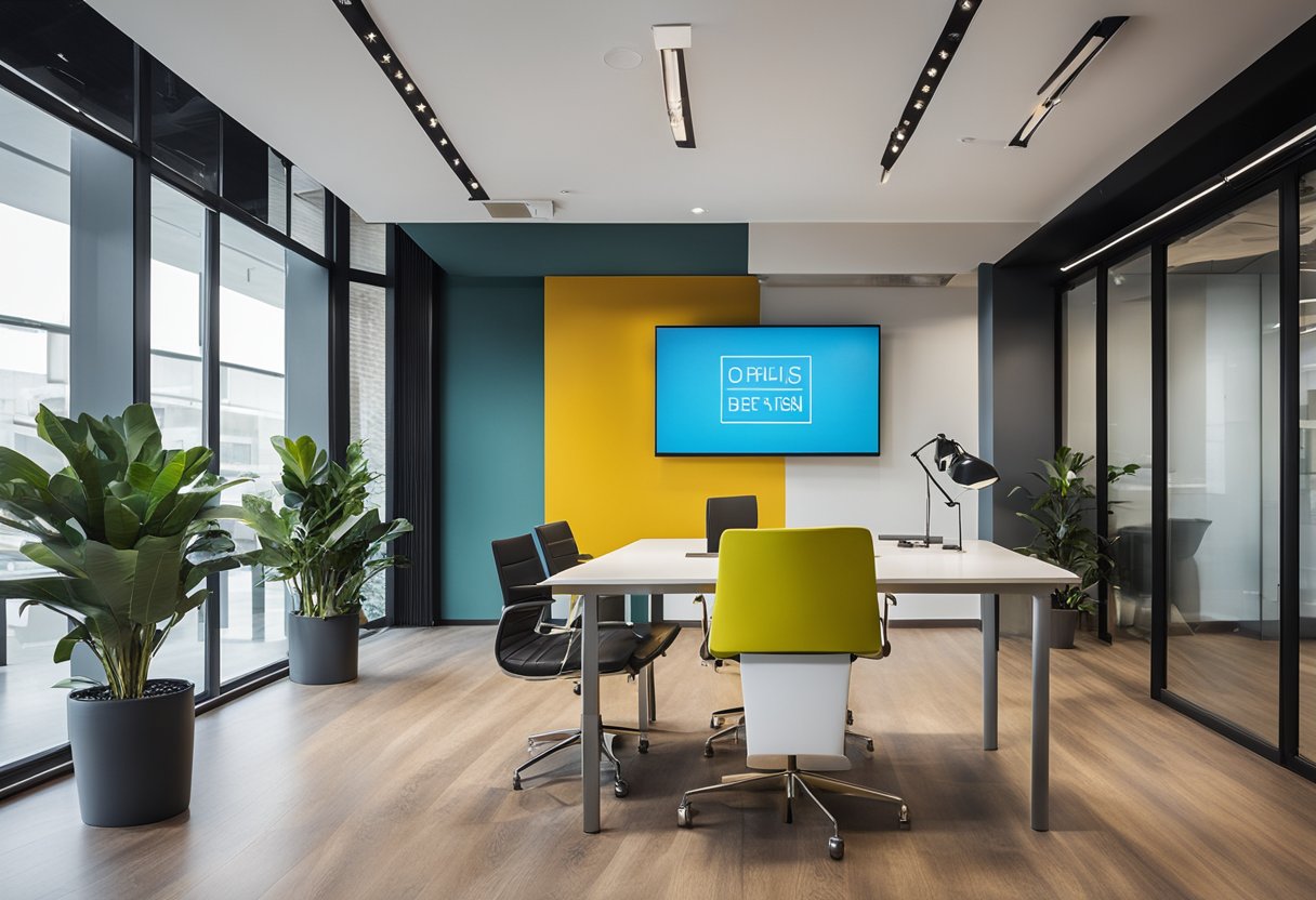 A modern, minimalist office space with sleek furniture and vibrant accent colors. A large wall display showcases FAQs related to interior design