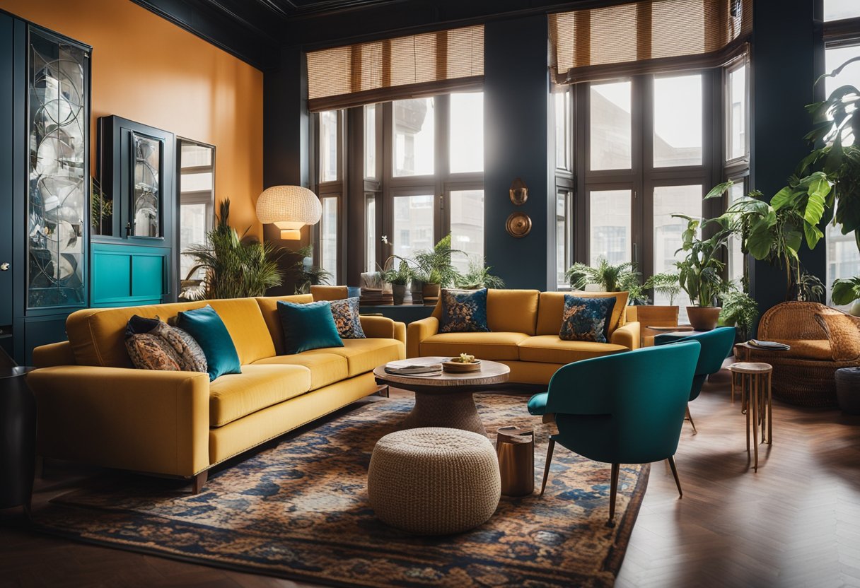 A vibrant room with eclectic furnishings from around the world, blending modern and traditional elements. Rich textures and bold colors create a dynamic and inviting space