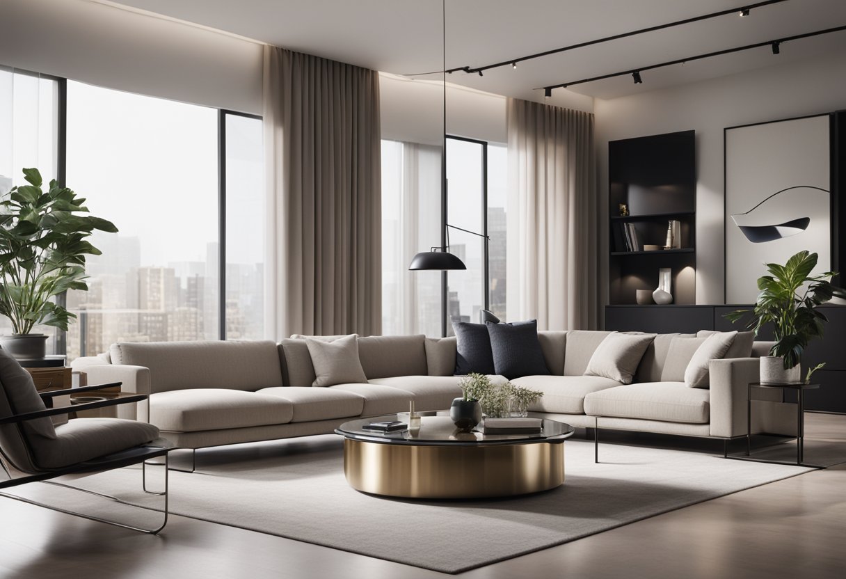 A modern living room with clean lines, minimalistic furniture, and neutral colors. A mix of metal, glass, and natural materials creates a sleek and sophisticated atmosphere
