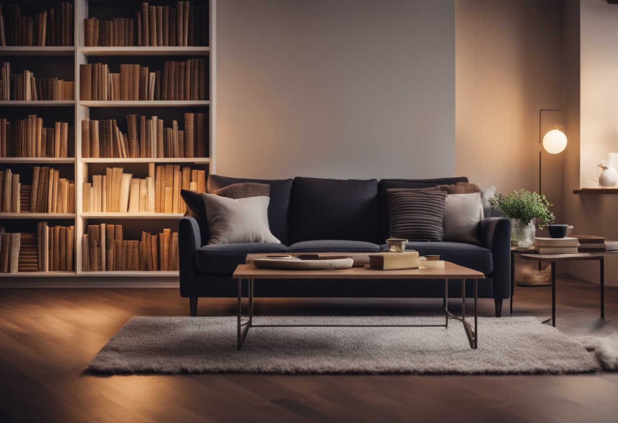 A crackling fire warms the room, casting a soft glow on the plush sofa and thick rug. Bookshelves line the walls, filled with well-loved novels. A steaming mug sits on the coffee table, inviting relaxation