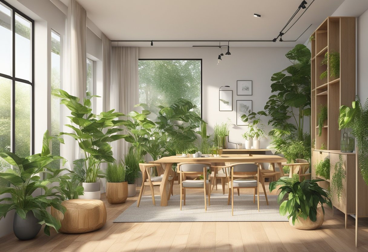 Lush green plants fill a sunlit room with natural wood furniture and eco-friendly materials. The space is adorned with sustainable decor, creating a harmonious and environmentally conscious interior design