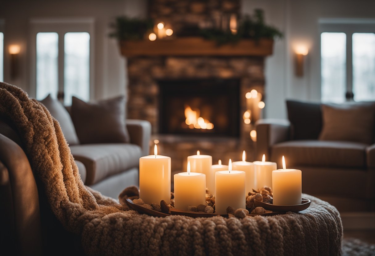 A crackling fireplace casts a warm glow on plush seating, soft blankets, and flickering candles, creating a cozy ambience in a tastefully decorated home interior