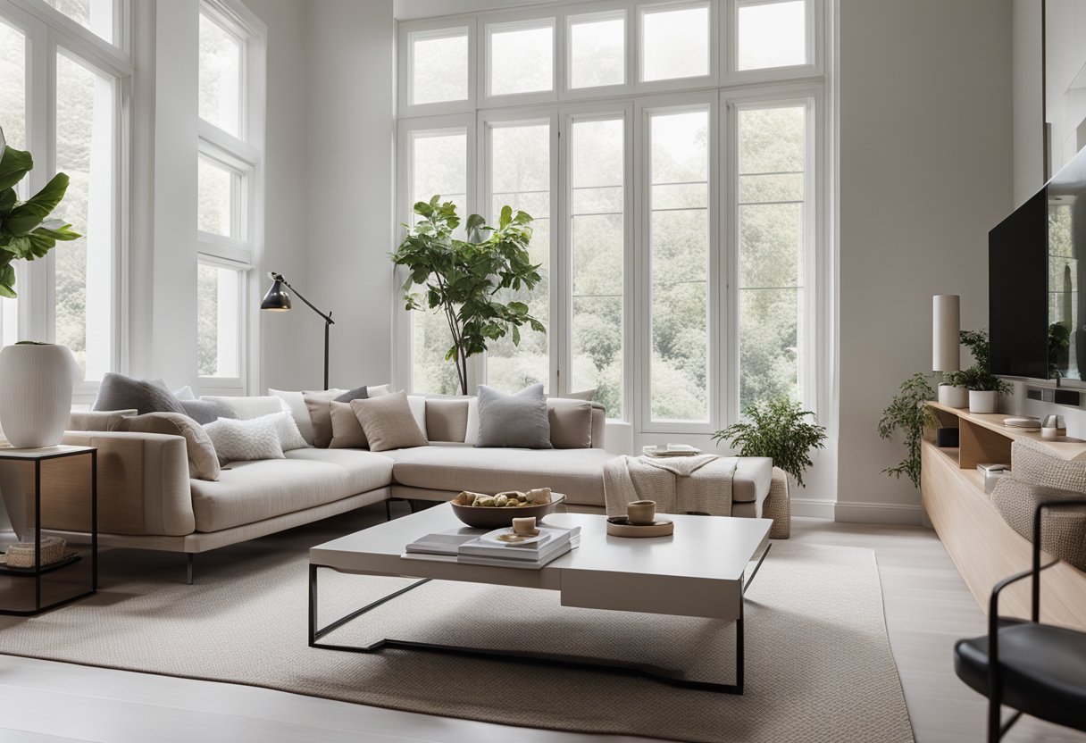 A modern minimalist living room with clean lines, neutral colors, and sleek furniture. Large windows let in natural light, creating a bright and airy space