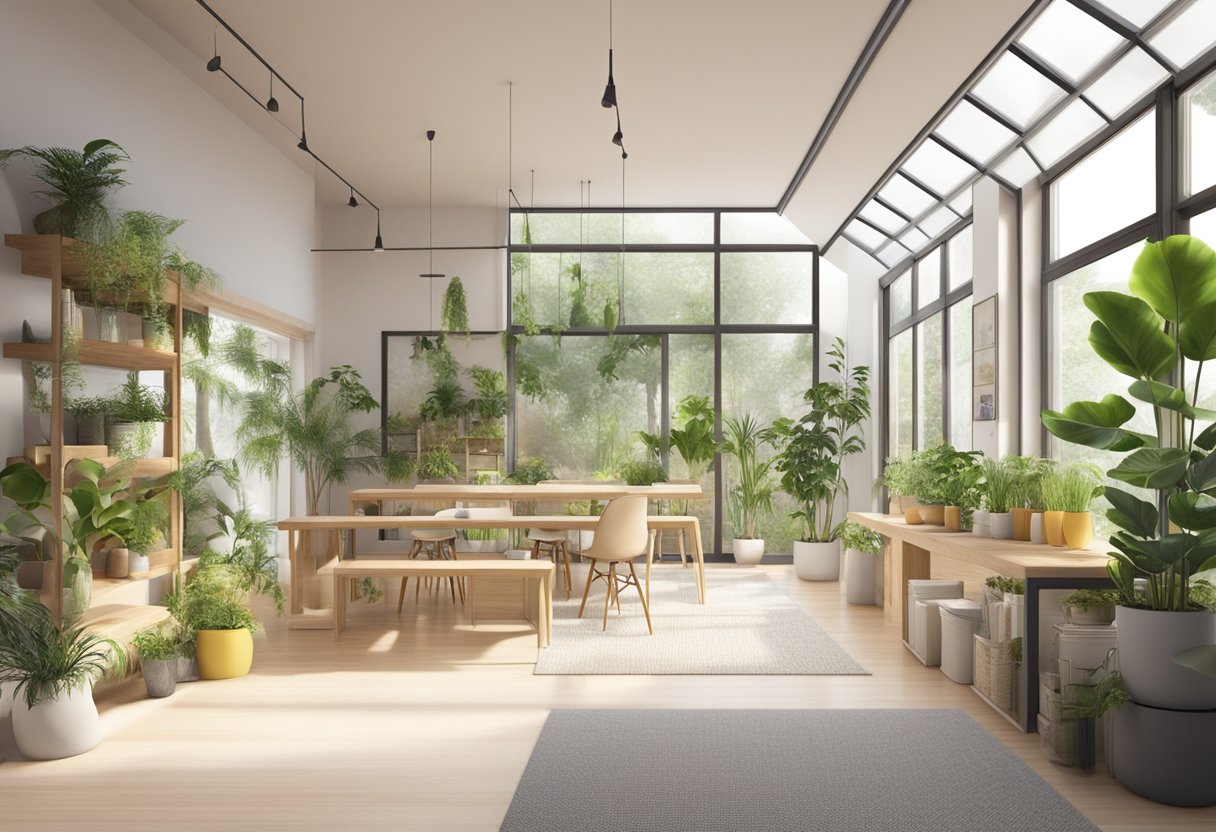 A room with sustainable materials, natural light, and indoor plants. Efficient use of space and energy-saving fixtures
