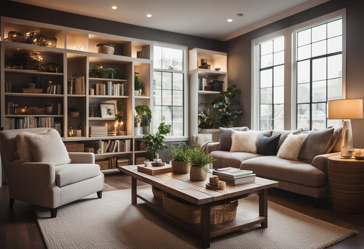 A cozy living room with a plush sofa, warm throw blankets, and a rustic coffee table. Soft lighting and a bookshelf complete the inviting space