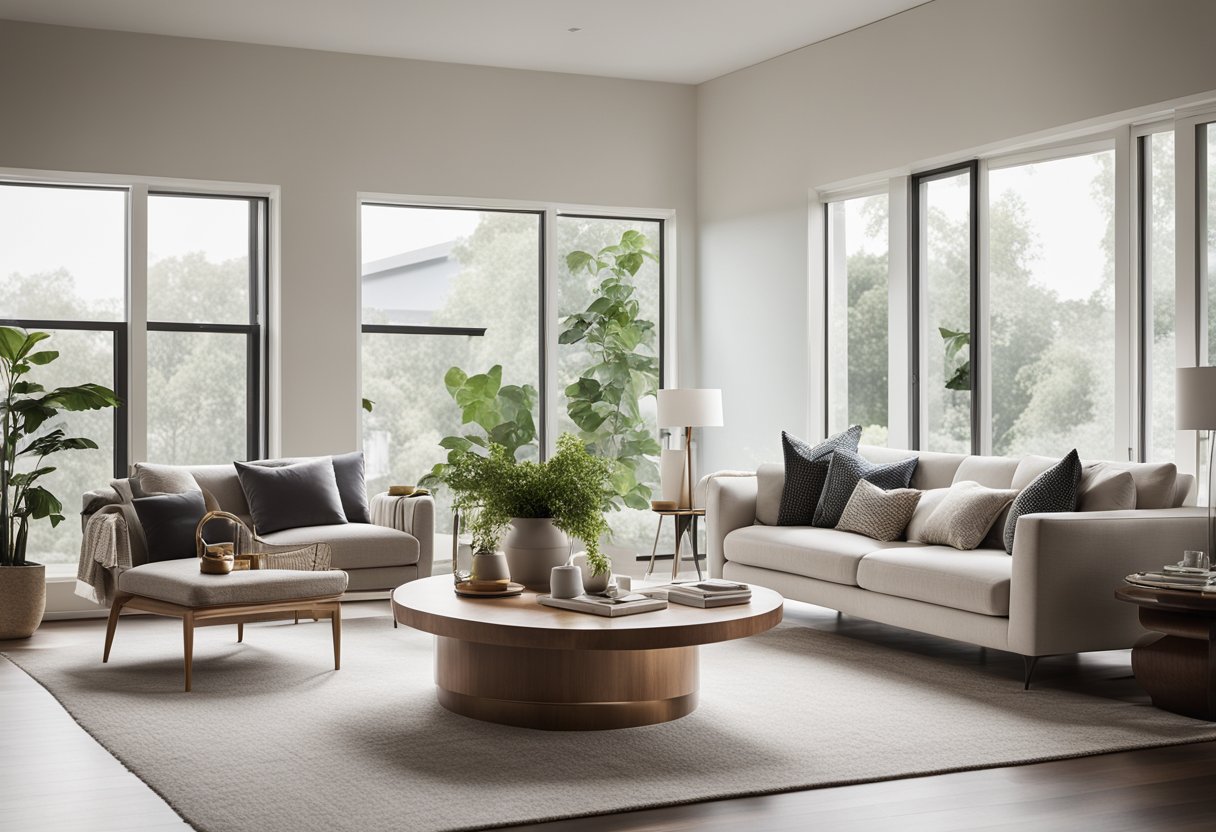 A stylish living room with modern furniture, clean lines, and neutral colors. A large window lets in natural light, illuminating the space