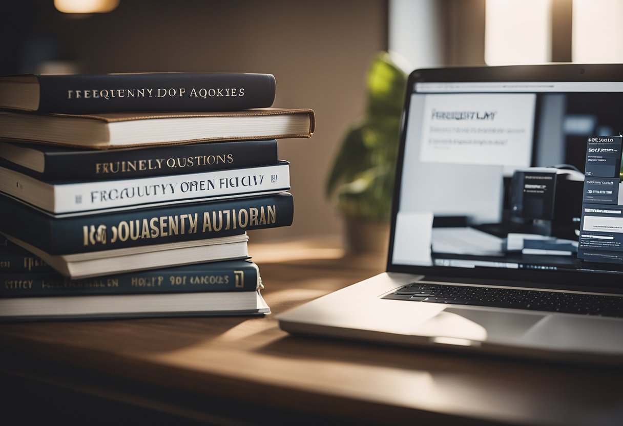 A stack of interior design books and a laptop open to a "Frequently Asked Questions" page