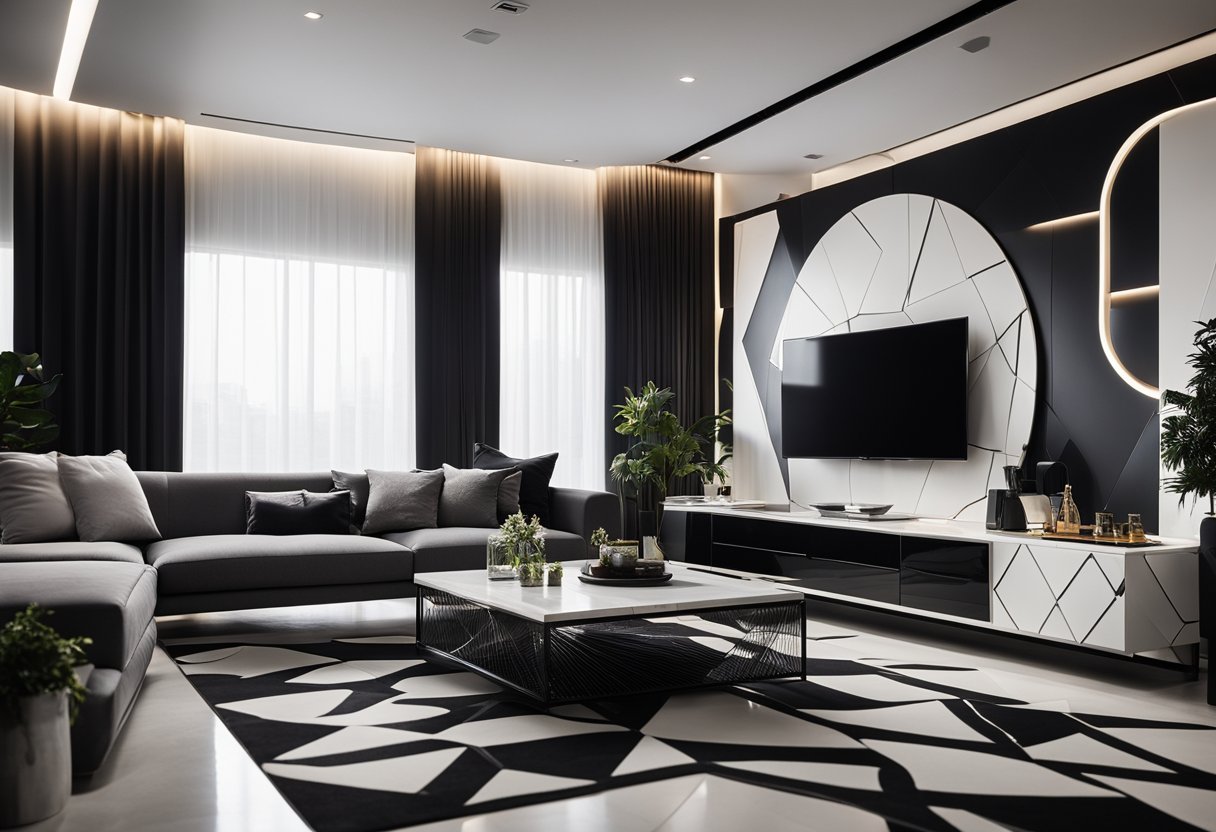A sleek, modern living room with bold black and white furniture, dramatic lighting, and geometric patterns on the walls and floor