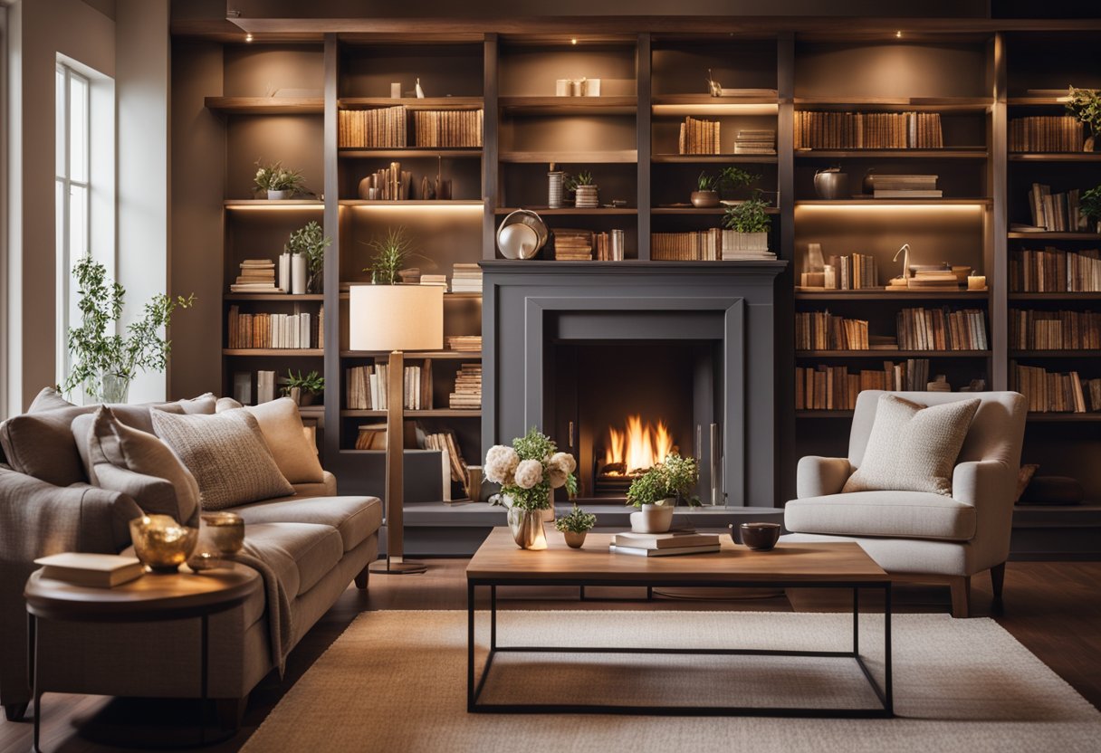 A warm, inviting living room with a crackling fireplace, plush sofas, and shelves filled with books. Soft, warm lighting creates a cozy atmosphere
