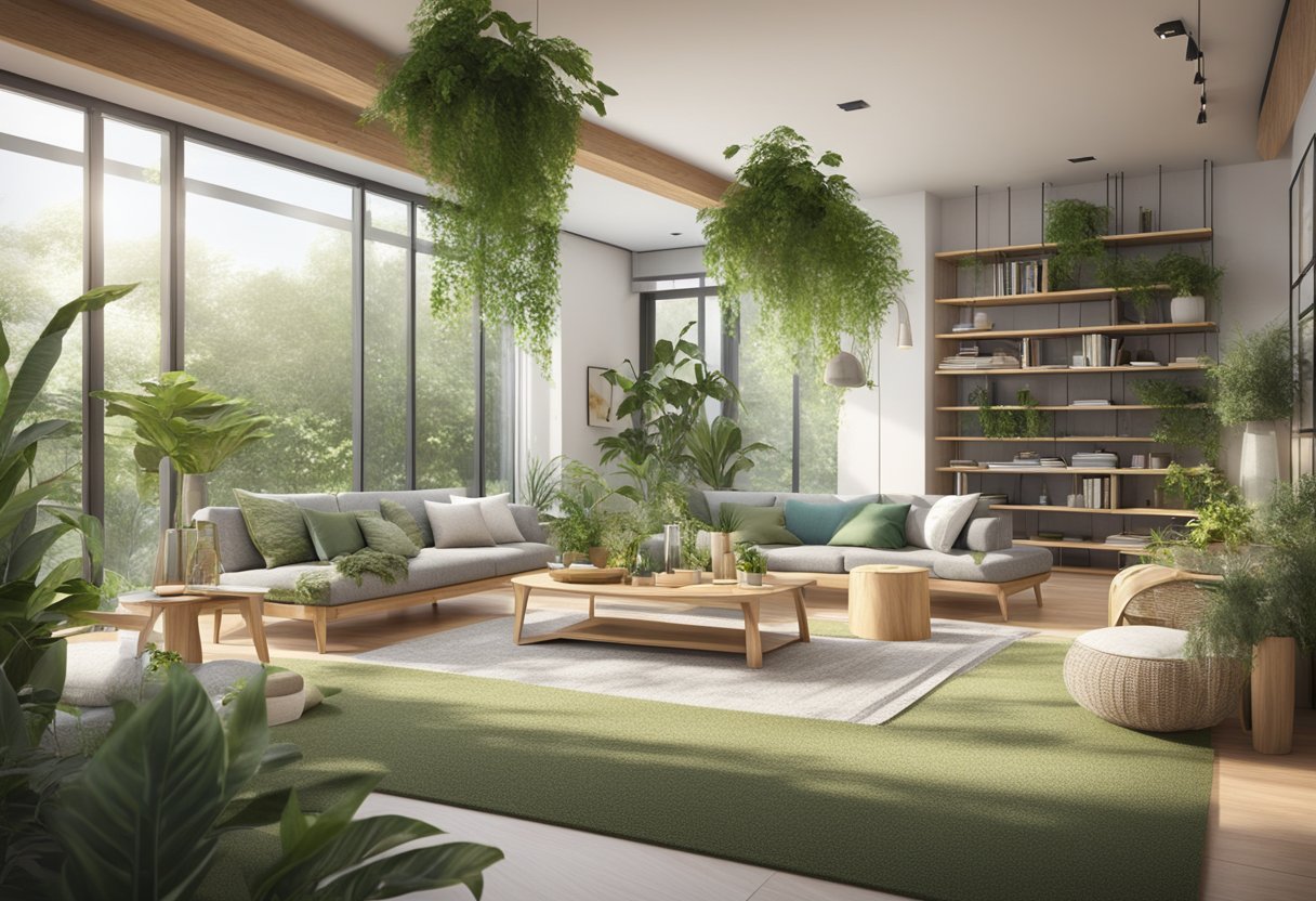 A modern, sustainable living space with natural materials and greenery, showcasing eco interior design excellence