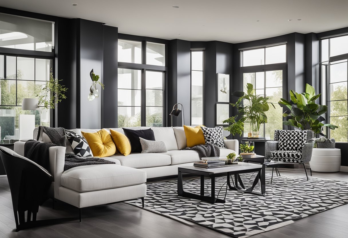 A modern living room with black and white furniture, geometric patterns, and bold pops of color, illuminated by natural light from large windows