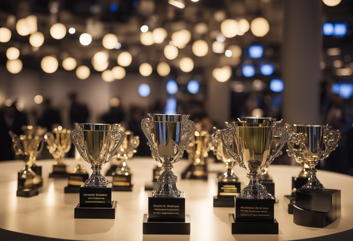 A spotlight shines on a display of Regional and International Recognition awards for interior designers