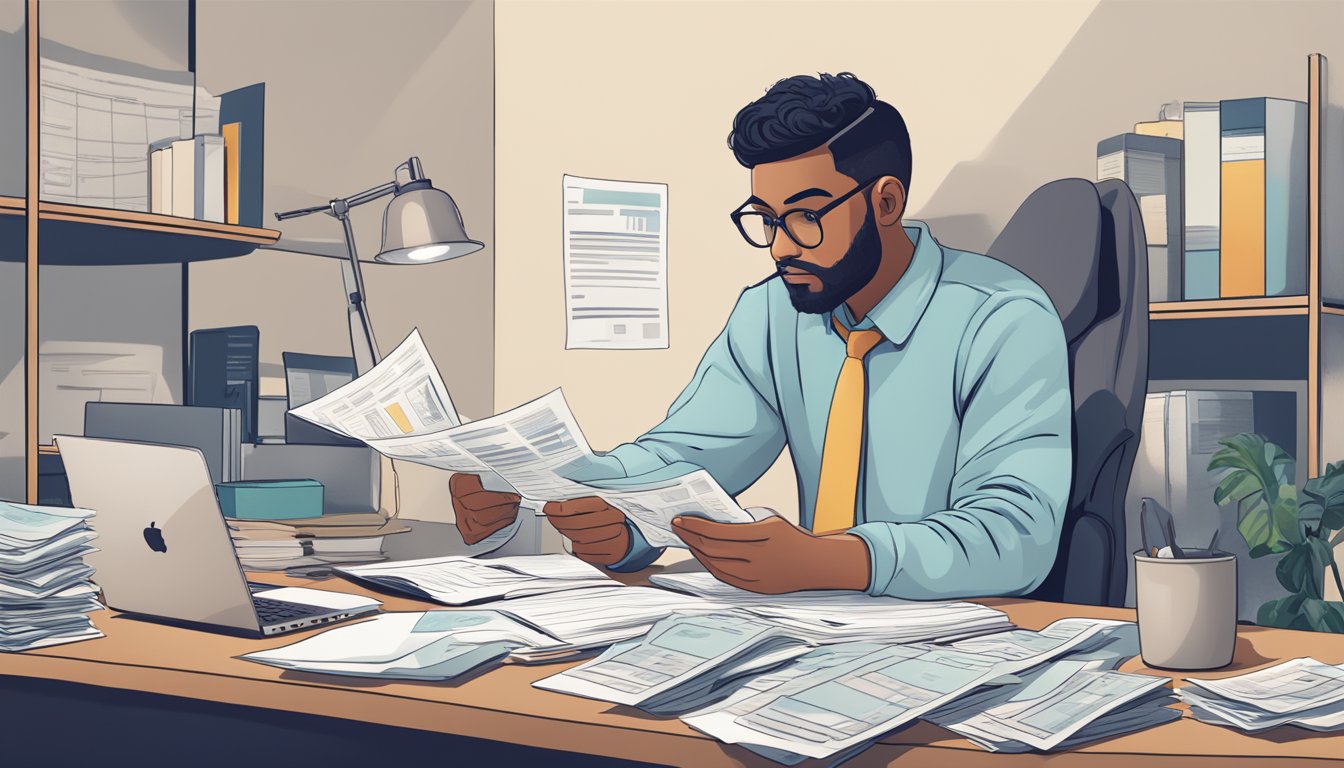 A person sits at a desk, surrounded by financial documents. They are comparing interest rates and terms for a personal loan from UOB, looking focused and determined