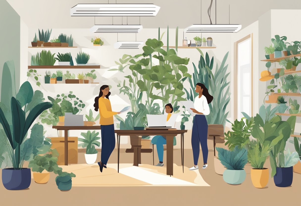 Eco-friendly interior designers busy at work, surrounded by sustainable materials and plants, with a wall covered in frequently asked questions about their design process