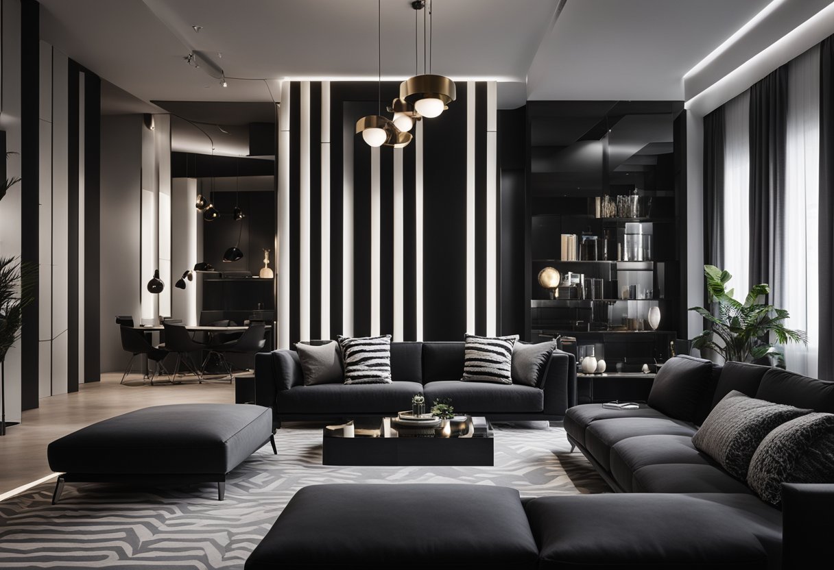 A sleek, modern living room with bold black and white furniture, dramatic lighting, and geometric patterns on the walls