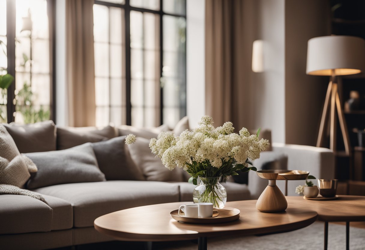 A cozy living room with a plush sofa, a coffee table with a vase of flowers, and warm lighting from a floor lamp and a large window