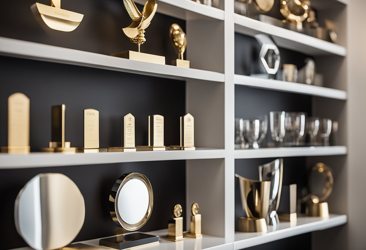 A group of awards displayed on a sleek, modern shelf in a stylish interior design studio. The awards are prominently featured and catch the eye with their elegant design and polished finish