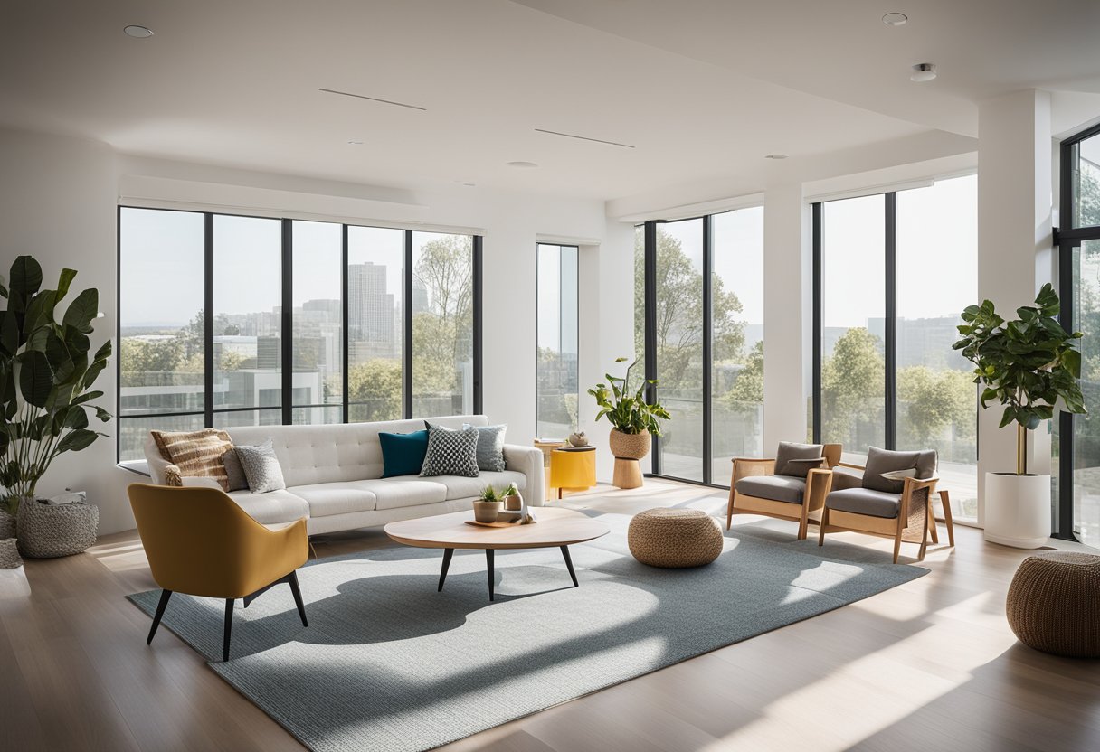 A bright, airy room with modern furniture and pops of color. Large windows let in natural light, showcasing the clean lines and open layout