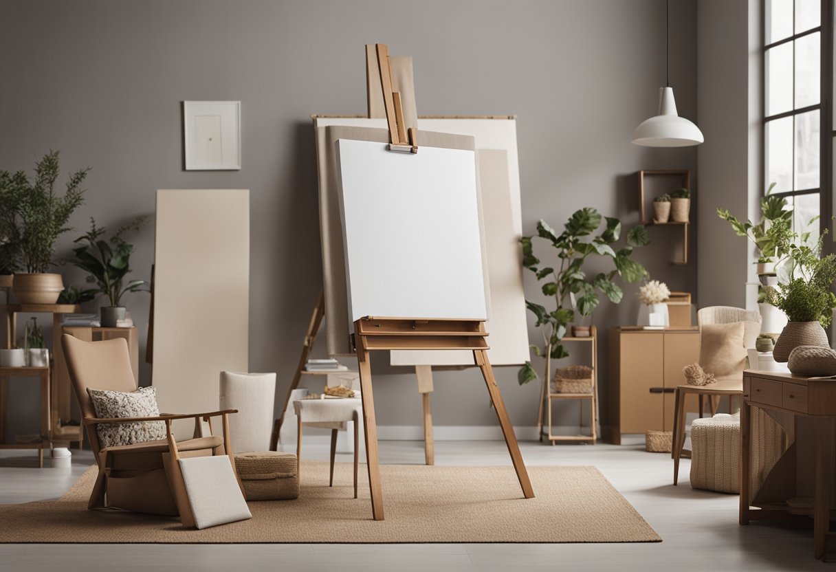 A room with a blank canvas on an easel, surrounded by various interior design materials such as fabric swatches, paint samples, and furniture catalogs
