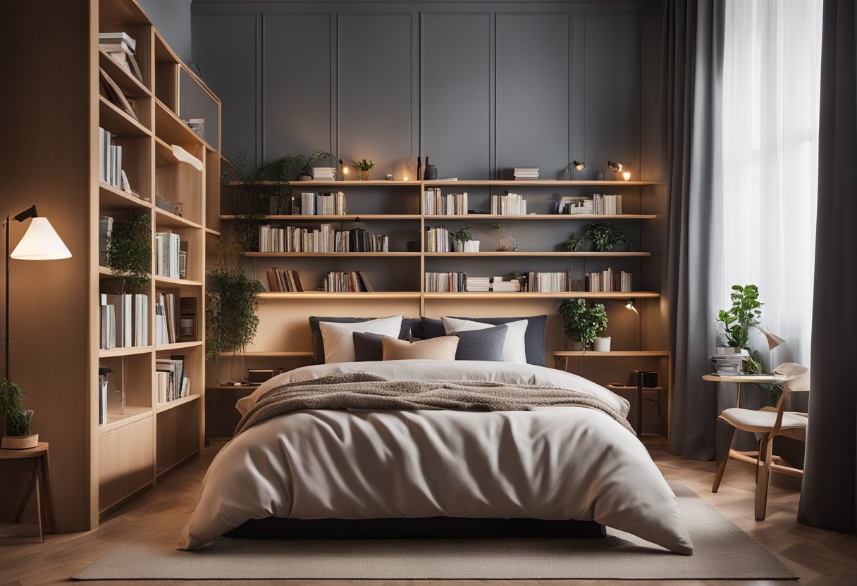 A cozy bedroom with a large, plush bed, soft lighting, and a warm color palette. A small desk with a chair, and a bookshelf filled with books