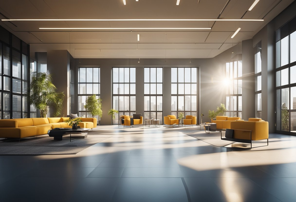 A spacious room with geometric patterns, sleek furniture, and bold colors. Sunlight streams in through large windows, casting dramatic shadows