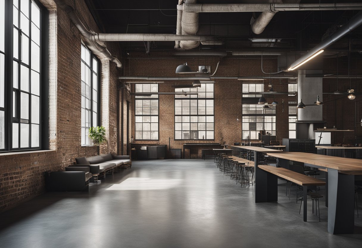 The industrial interior features exposed brick walls, metal pipes, and concrete floors. Large windows allow natural light to fill the space, highlighting the minimalist furniture and raw, unfinished elements