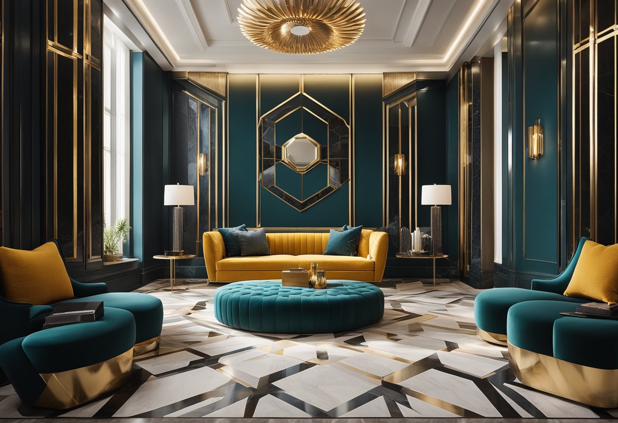 A room with geometric patterns, sleek furniture, and bold colors. Sunburst motifs, chrome accents, and luxurious materials like marble and velvet