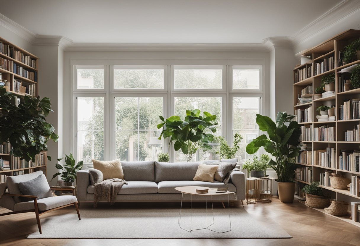 A cozy living room with a modern sofa, a stylish coffee table, and a bookshelf filled with design books. A large window lets in natural light, and a potted plant adds a touch of greenery