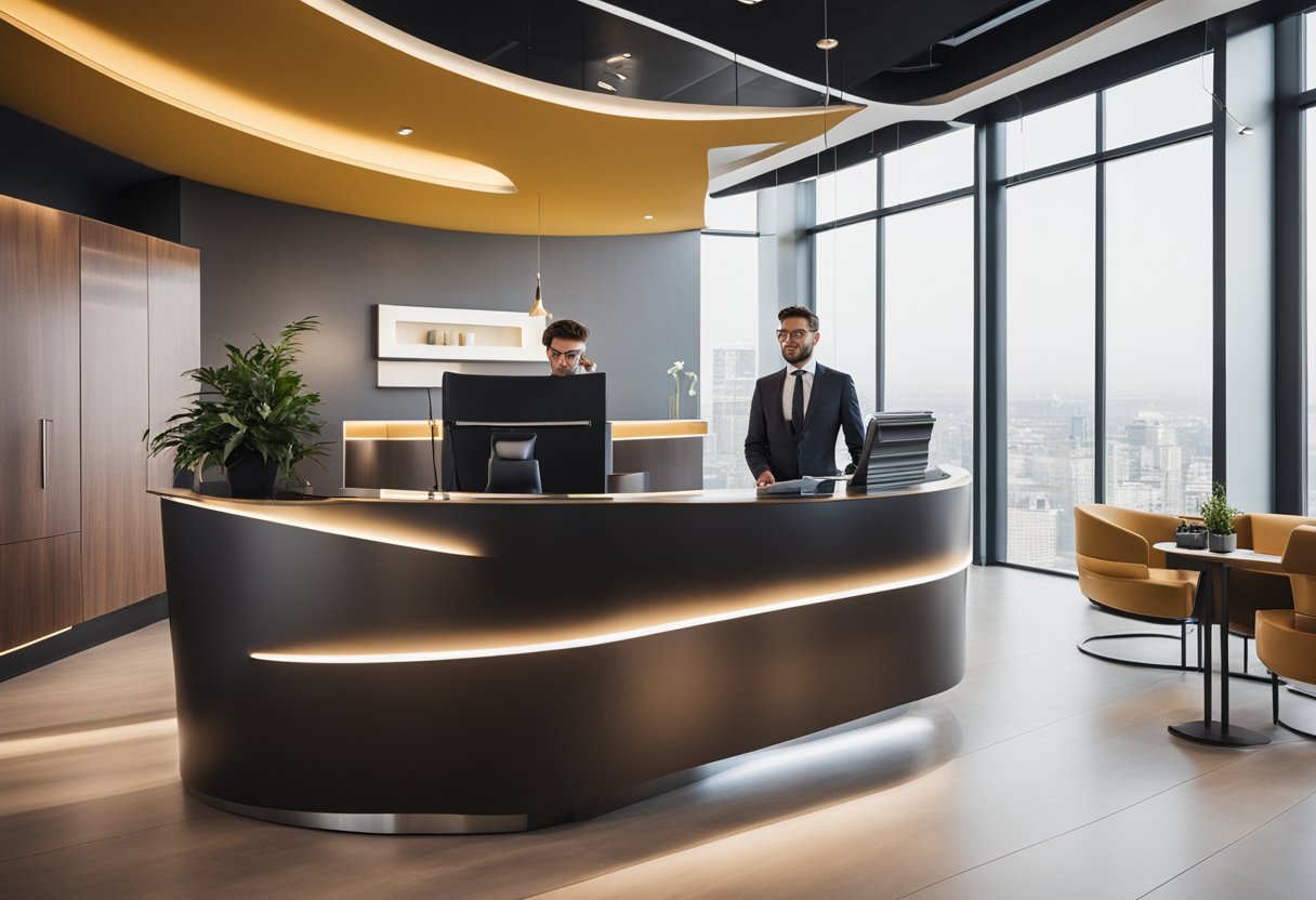 A modern, well-lit interior with sleek furniture and vibrant decor. A reception desk with a friendly staff member, and a display of design samples