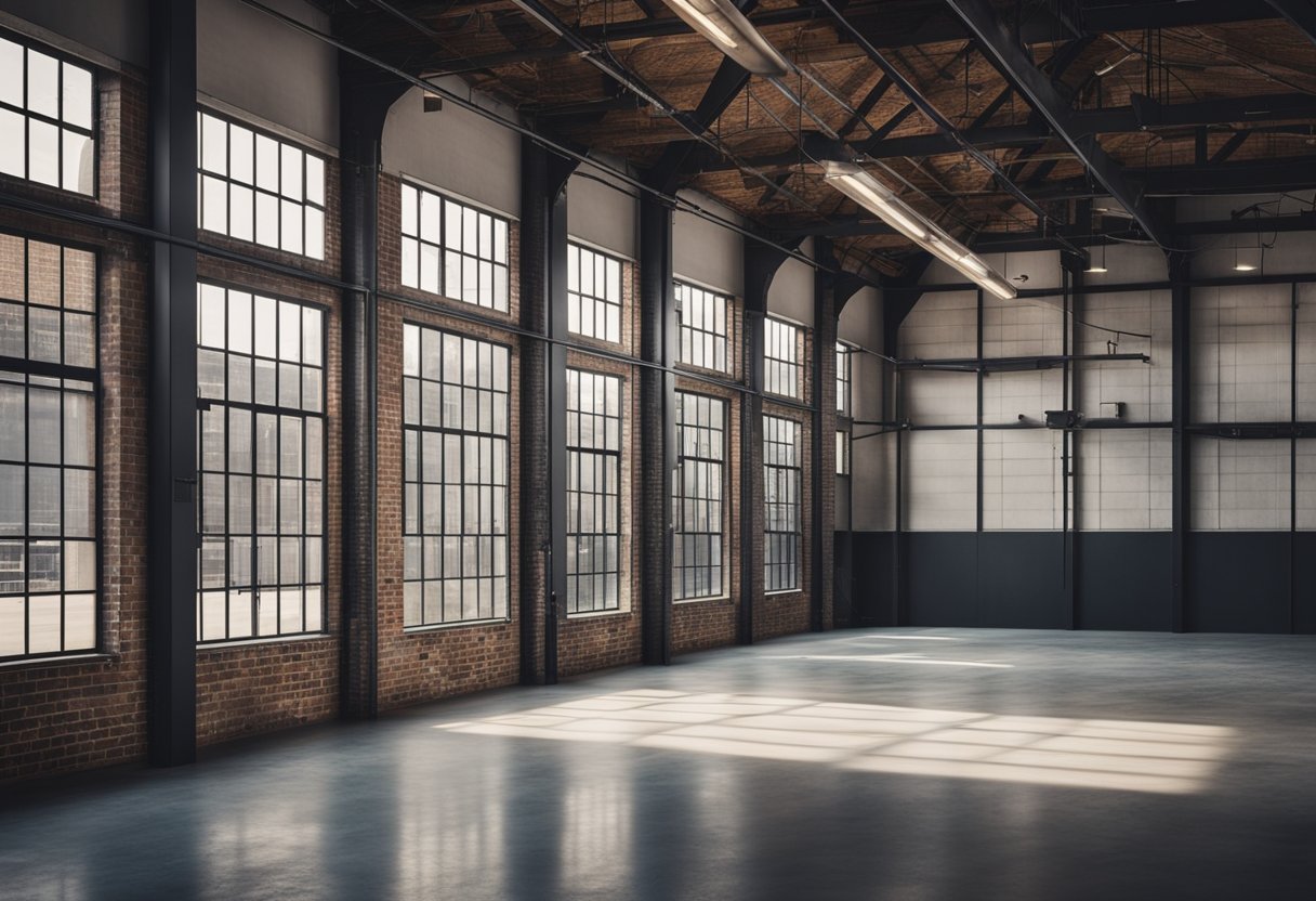 An industrial interior with exposed brick walls, metal beams, and concrete floors. Large windows let in natural light, illuminating the open space