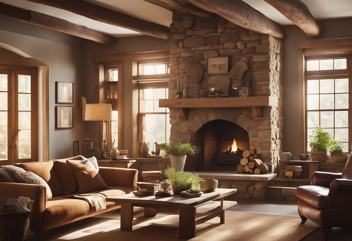 A cozy, rustic apartment with exposed wooden beams, a stone fireplace, and vintage furniture. Sunlight streams in through large windows, illuminating the warm, earthy color palette