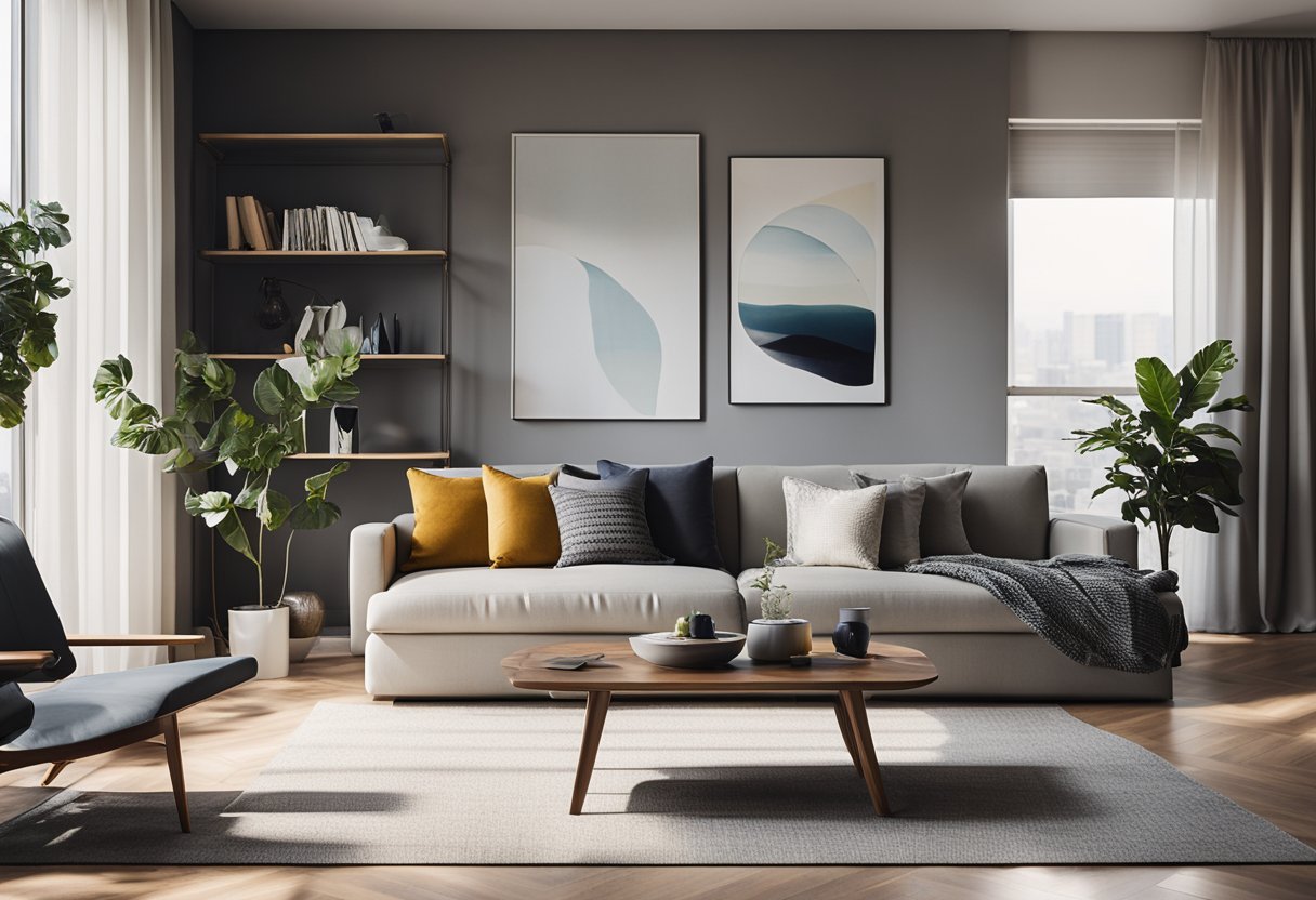 A sleek, modern living room with minimalist furniture and clean lines, accented by pops of color and natural light streaming in through large windows