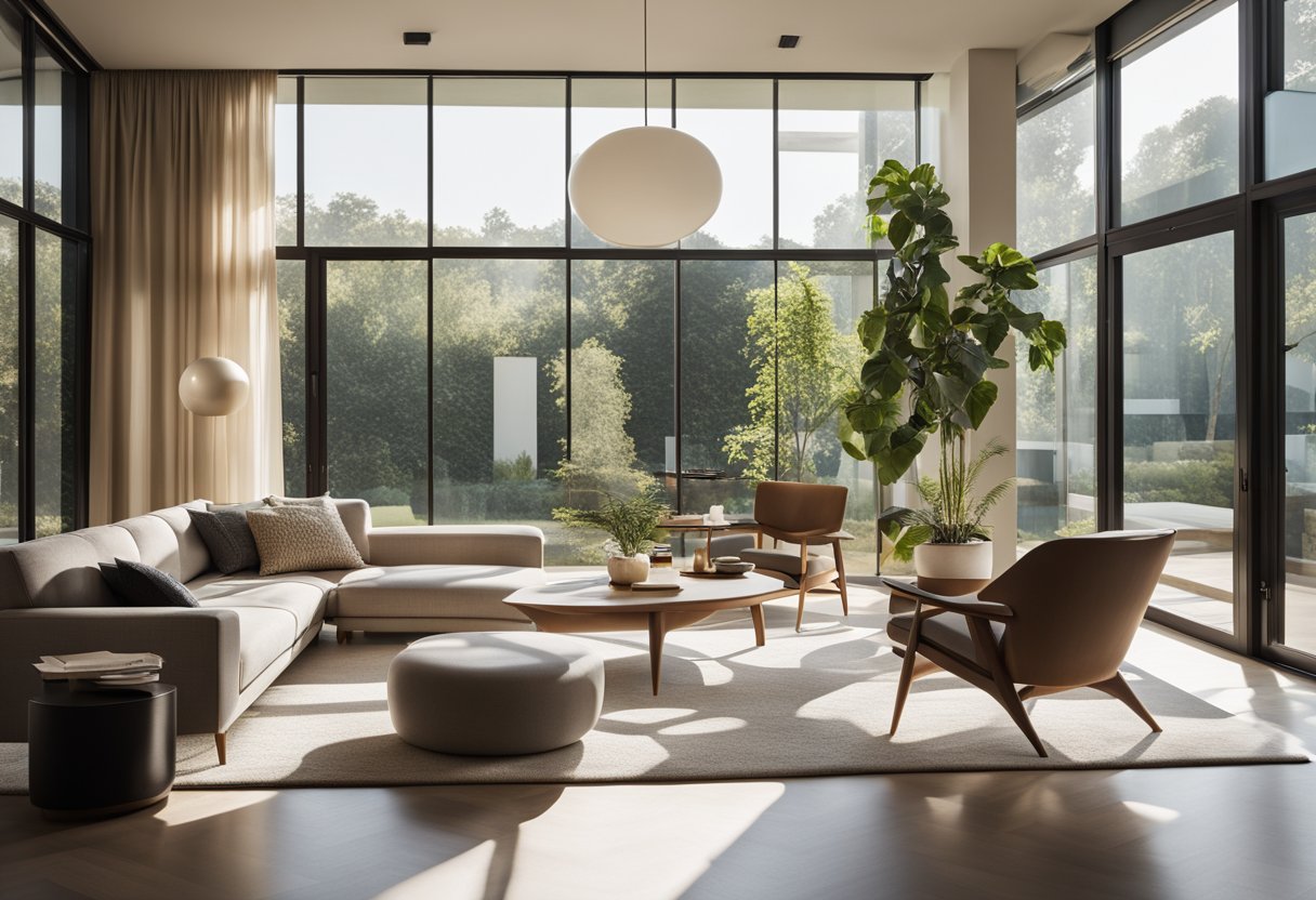 A sleek, minimalistic living room with clean lines, organic shapes, and a neutral color palette. Large windows allow natural light to fill the space, highlighting the iconic mid-century modern furniture and bold geometric patterns