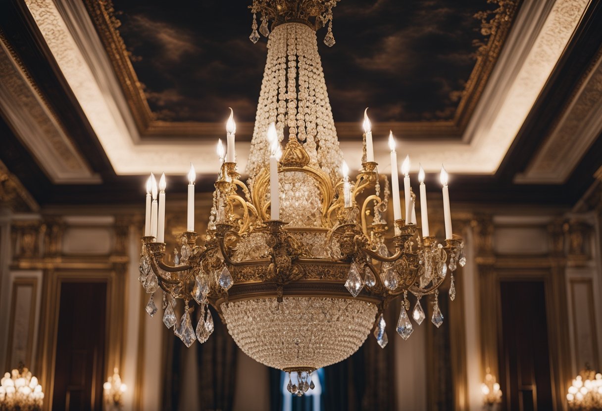 A grand chandelier hangs from a high ceiling over a marble fireplace. Ornate moldings and intricate wallpaper adorn the walls, while plush upholstered furniture fills the room. Rich, dark wood furniture and gilded accents complete the classic French interior design
