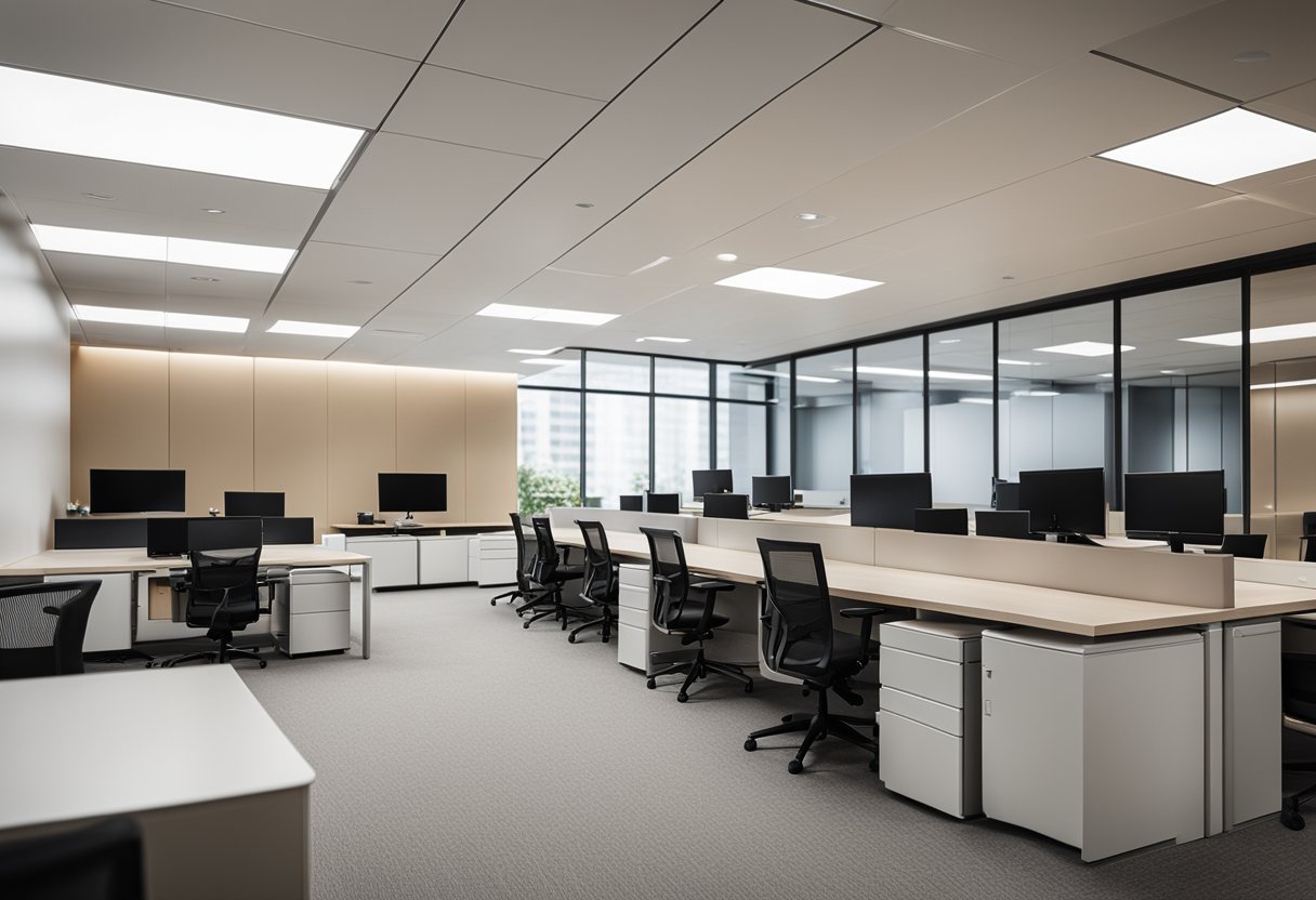 A modern office with sleek furniture and minimalist decor, featuring clean lines and a neutral color palette