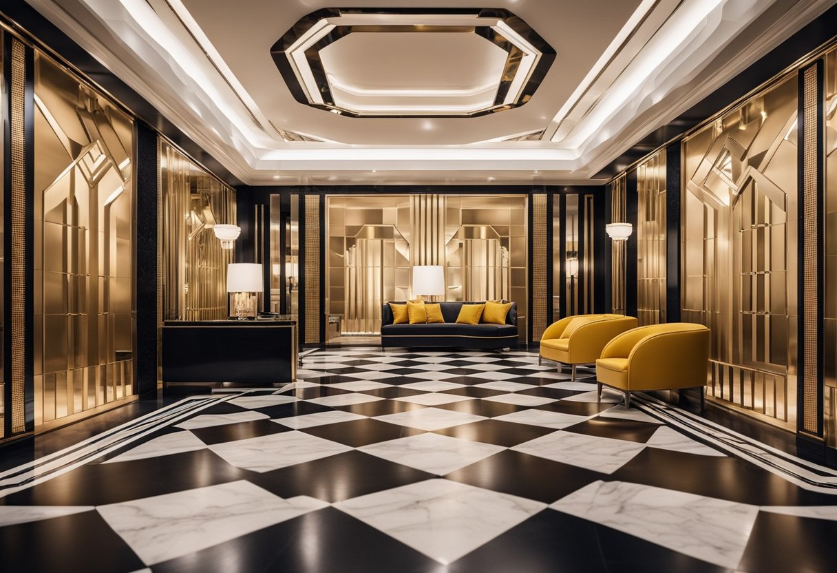 An art deco interior with geometric patterns, bold colors, and luxurious materials like marble and chrome. Symmetrical designs and sleek, streamlined furniture