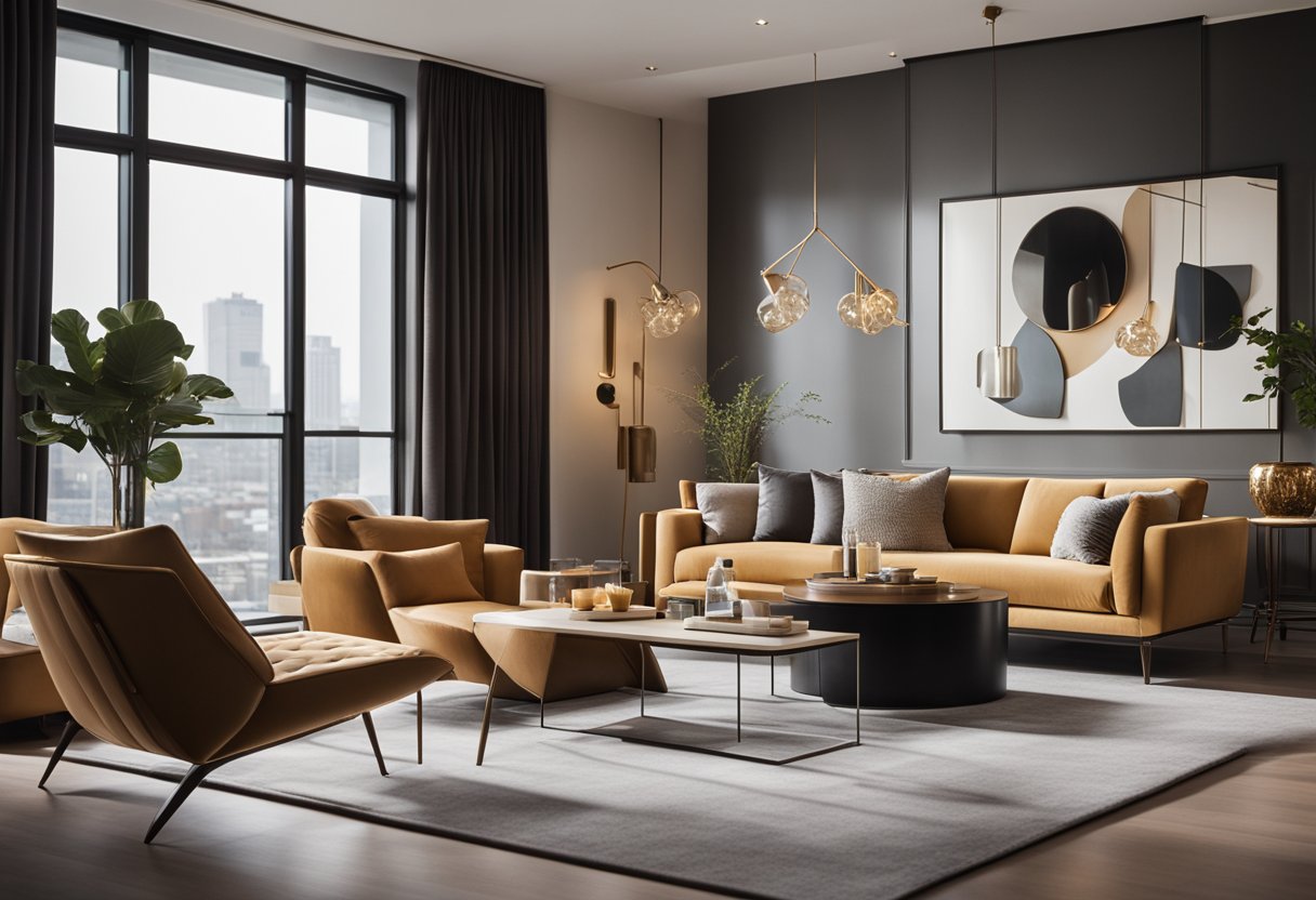A modern living room with sleek furniture, warm lighting, and vibrant accent pieces. Clean lines and a minimalist aesthetic create a sense of sophistication and luxury