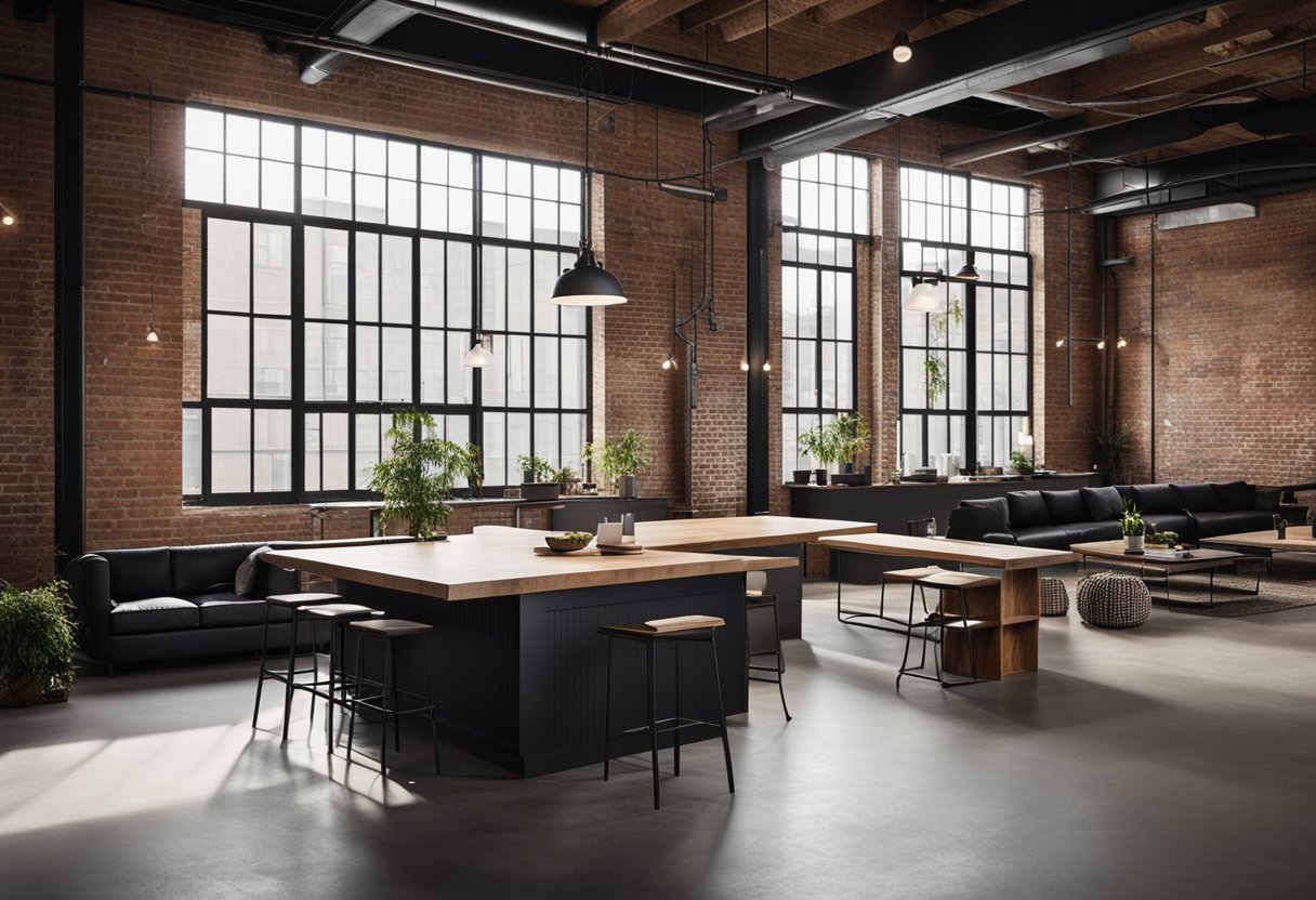 A spacious industrial loft with exposed brick walls, metal beams, and large windows. A mix of raw materials, minimalist furniture, and modern lighting fixtures