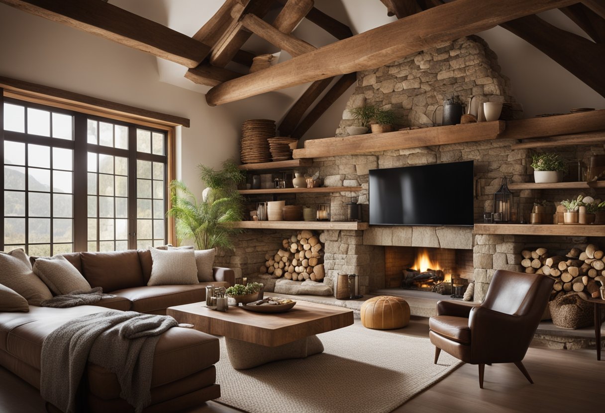 A cozy living room with exposed wooden beams, stone fireplace, and vintage furniture. Natural materials and earthy colors create a warm and inviting atmosphere