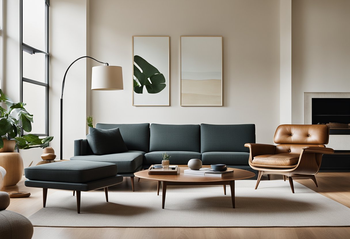A sleek, minimalist living room with clean lines, organic shapes, and a neutral color palette. Iconic mid-century modern furniture pieces, such as a Eames lounge chair and Noguchi table, are featured
