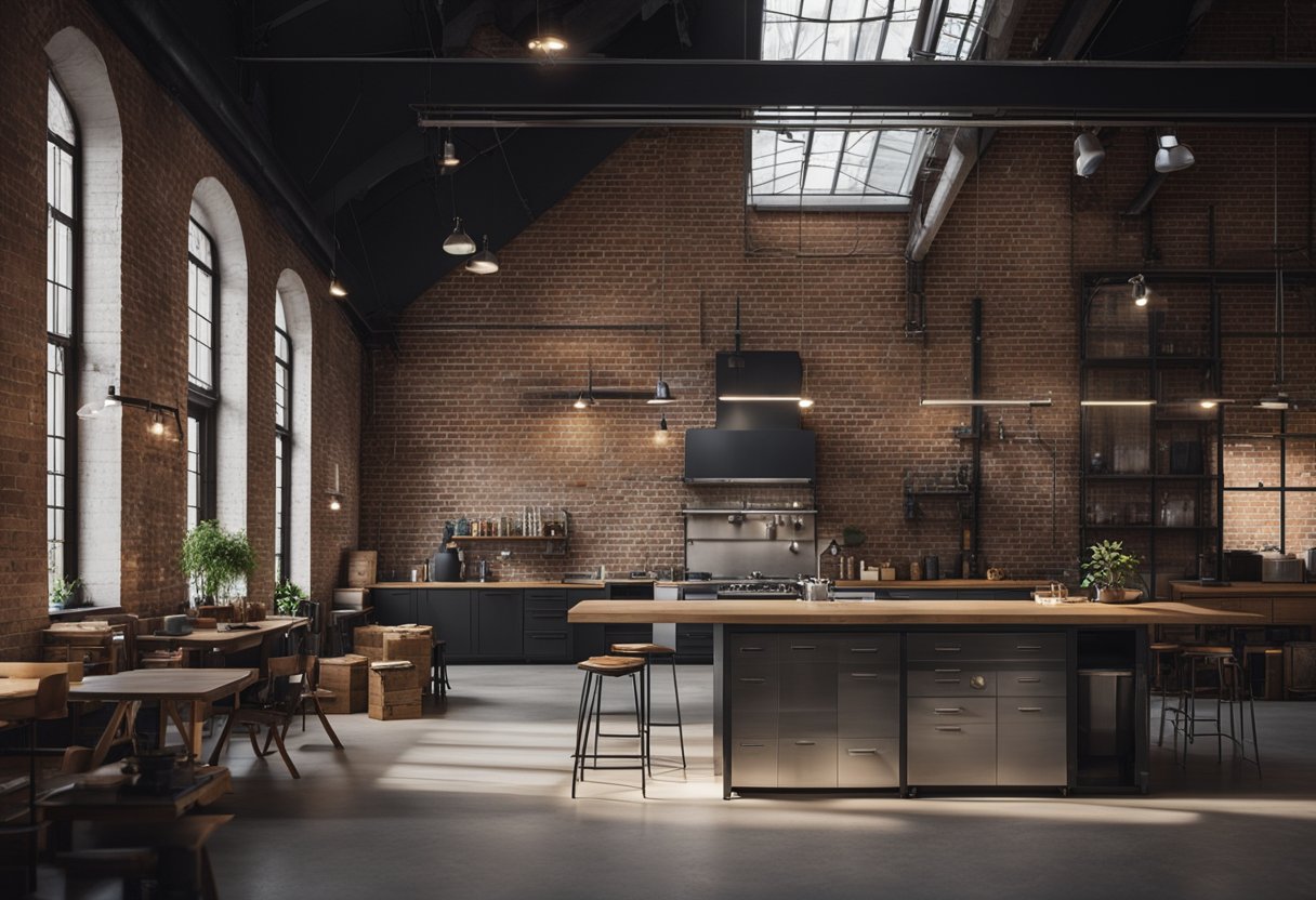 An industrial interior with exposed brick walls, metal fixtures, and large windows. A mix of vintage and modern furniture creates a stylish and functional space