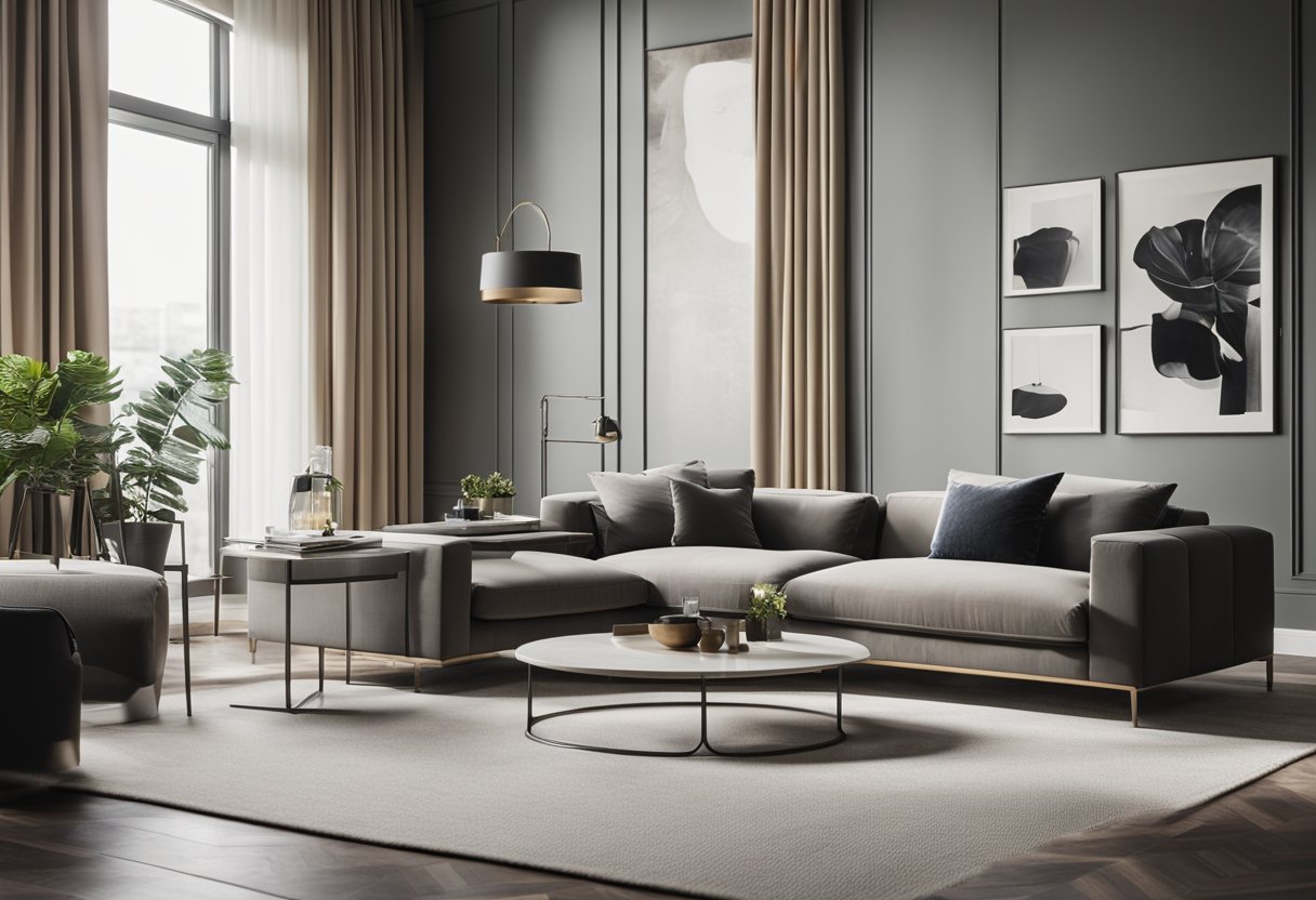A sleek, modern interior with clean lines and luxurious furnishings. A minimalist color palette with pops of bold accents. A sophisticated and elegant ambiance